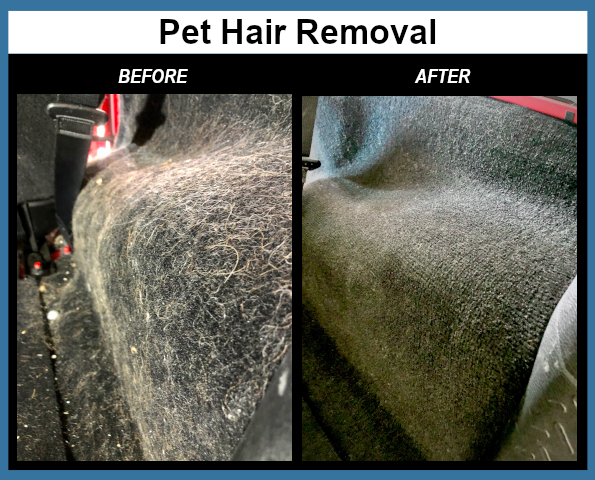 Before and after of pet hair removal in vehicle.